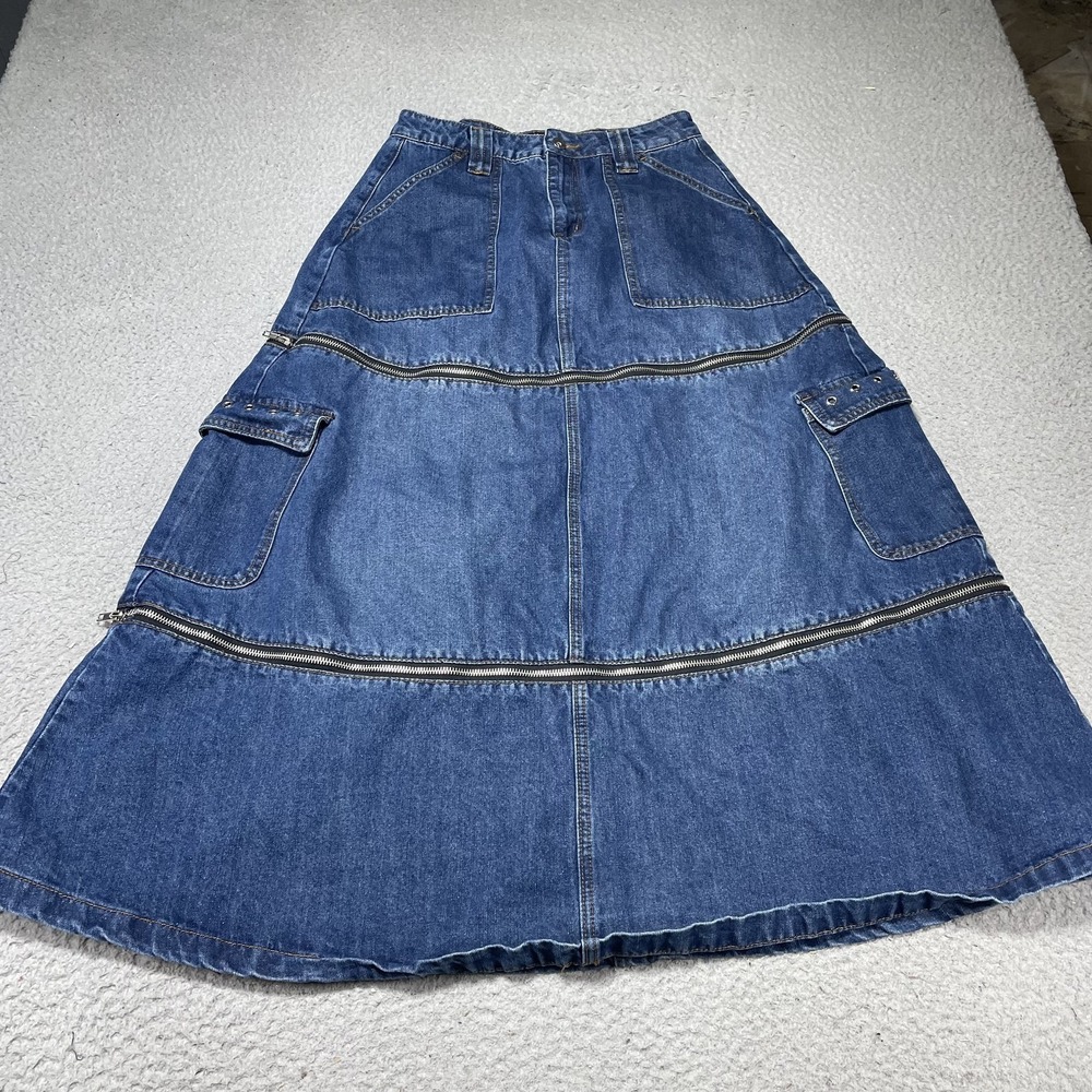 Social Collision Skirt Womens Medium Blue Denim Cargo Long Zipper Pockets Punk